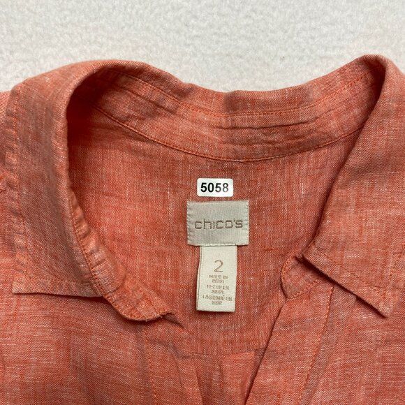 Chicos Linen Shirt Womens 2 Orange 3/4 Sleeve Button Up - Picture 2 of 12